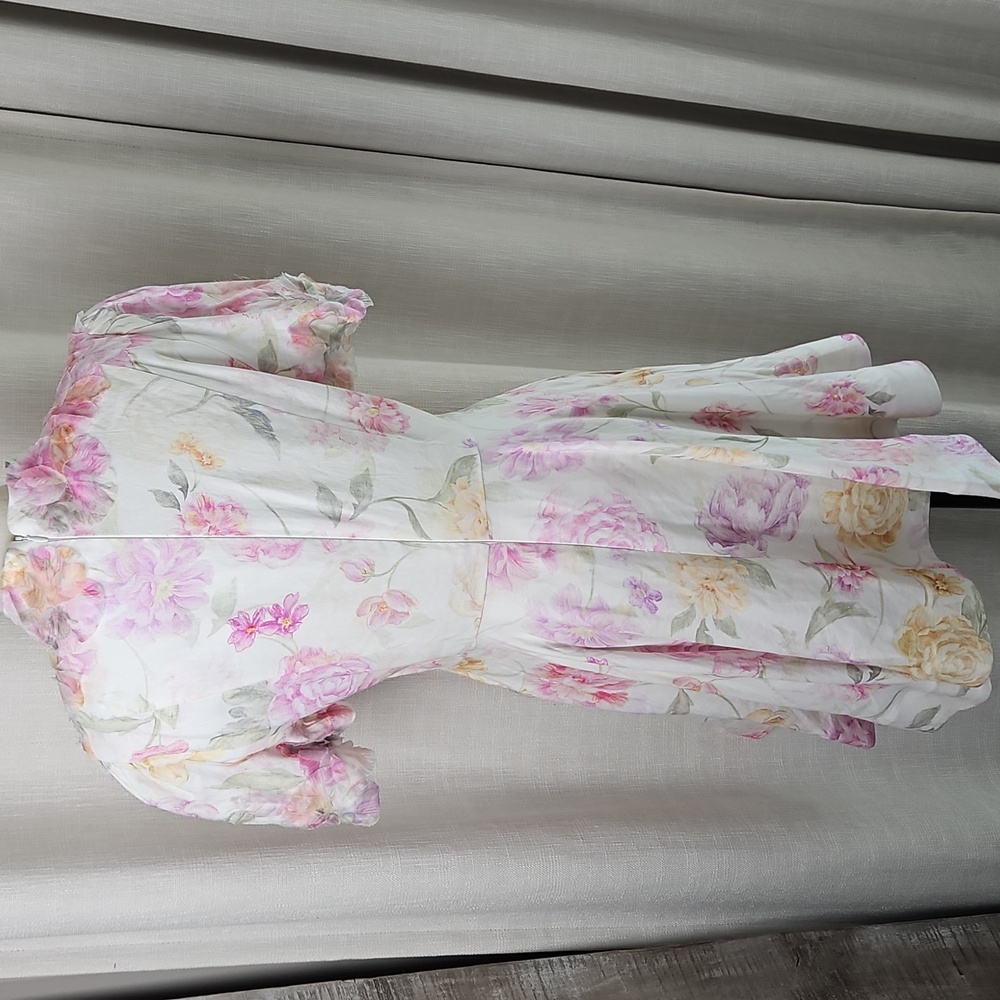 ANTONIO MELANI Iris Linen Floral Short Sleeve Mockneck Mini Dress: Ivory/Floral - Picture 6 of 15